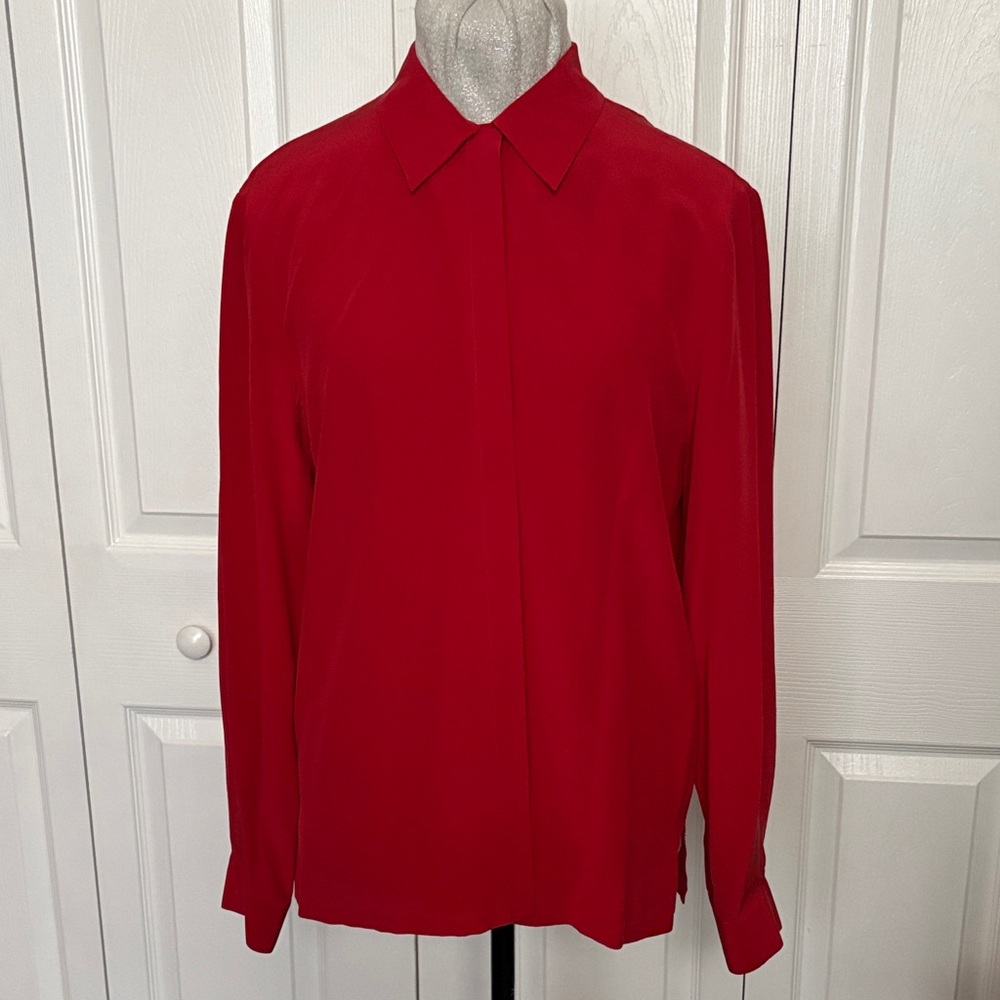 100% Silk Josephine Chaus Red Button-Up Shirt Versatile Classic Holiday